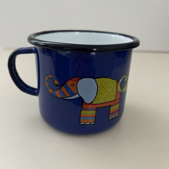 Smaltum Czech Enamelware Elephants Coffee Mug Cup Blue Colorful Prague - Picture 3 of 5